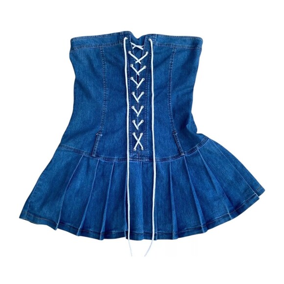 Y2K Denim Tube Dress M Pleated Skirt Lace-Up Front Drop Waist Skater 2000s USA - Picture 6 of 16